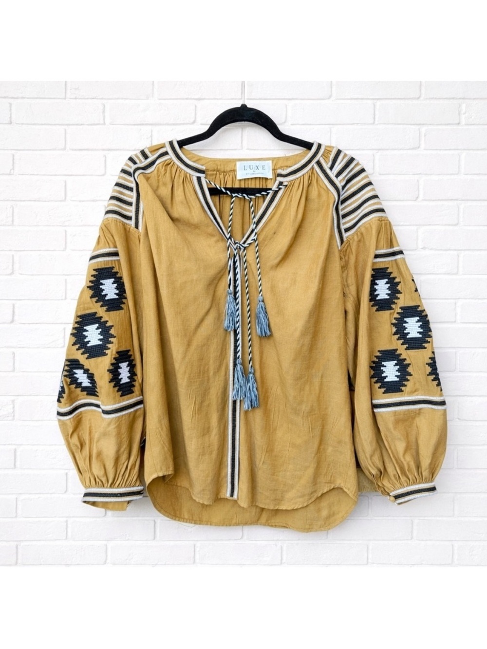 Luxe Embroidered Boho Peasant Blouse Mustard Yellow Tassel Top Size M